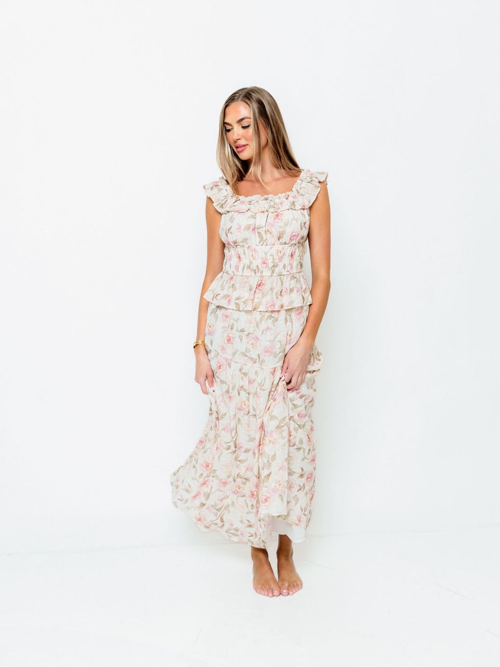 Floral Ruffle Maxi Skirt Set in Cream and Pink